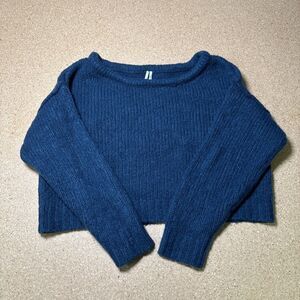 Anthropologie Crop Oversized Knit Split Blue Sweater XS H2